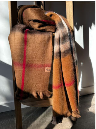 Cognac Metro Plaid Alpaca Blanket Scarf