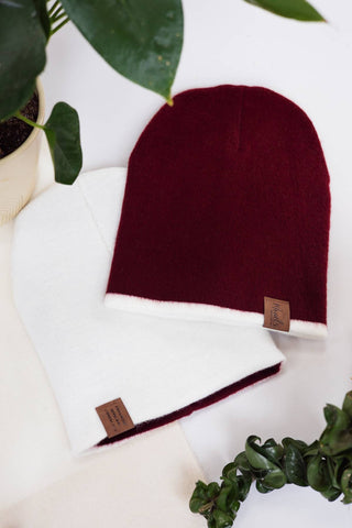 Burgundy and White Reversible Alpaca Beanie