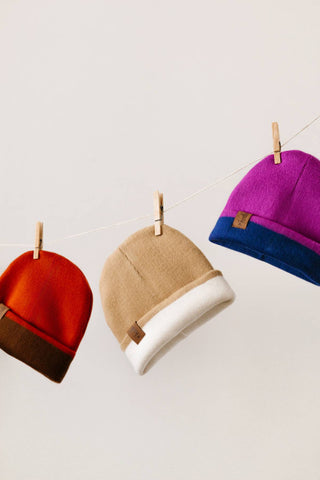 White and Beige Reversible Alpaca Beanie
