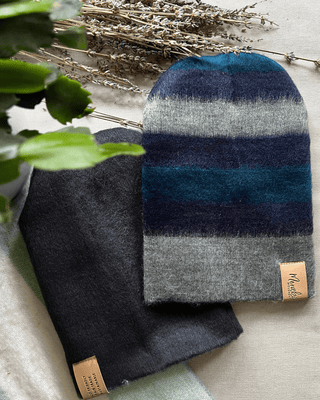 2-Tone Blue, Black and Grey Striped Reversible Alpaca Beanie | Meraki Movement